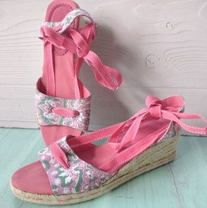 Lands End ribbon tie open toe sandals 9b